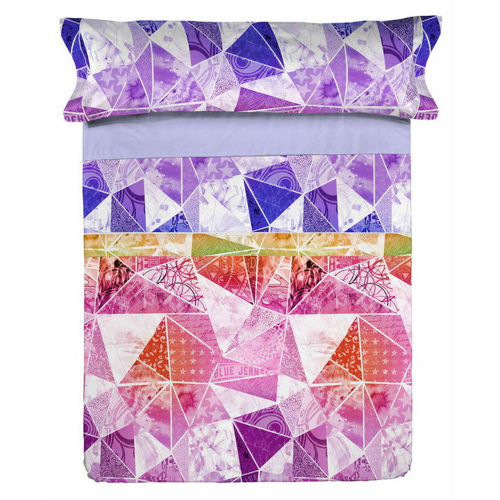 Violettes Bettwäsche-Set Lois MAILEN mit geometrischem Dreieckmuster für Einzelmatratze.