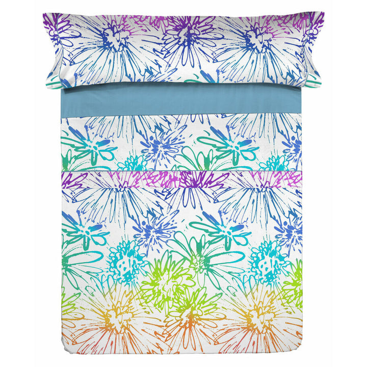 Blaues Bettwäsche-Set mit Blumenmuster, ideal für Einzelmatratze. Hippy-Stil.