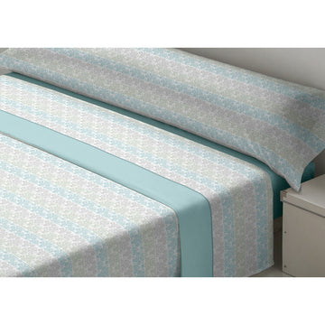 Aquamarin Doppelbettwäsche-Set mit floralem Muster und Akzentstreifen.