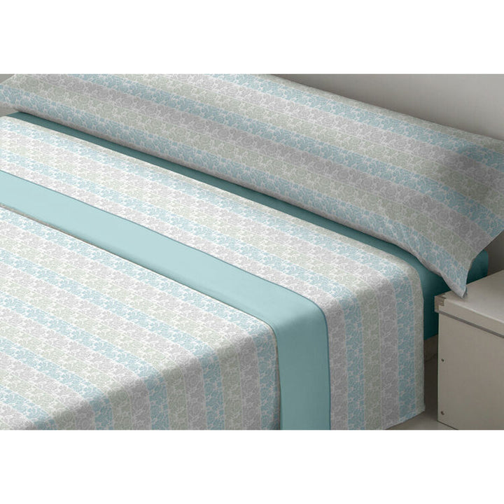 Aquamarin Doppelbettwäsche-Set mit floralem Muster und Akzentstreifen.