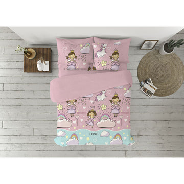 Rosa Bettbezug-Set mit Prinzessin und Einhorn Muster für Einzelmatratze.
