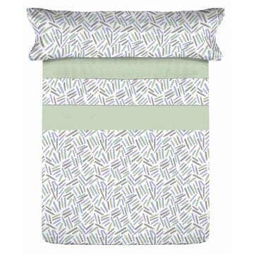 Bettwäsche-Set mit geometrischem Muster in Grün, Blau und Grau für Einzelmatratze.
