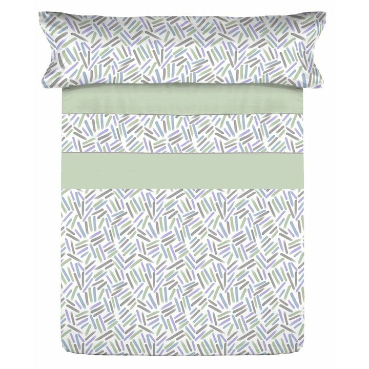 Bettwäsche-Set mit geometrischem Muster in Grün, Blau und Grau für Einzelmatratze.