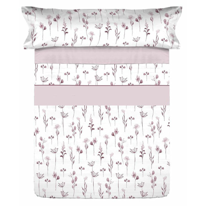 Weißes Bettwäsche-Set mit lila Blumenmuster und Streifen für Einzelmatratze.