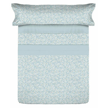 Bettwäsche-Set mit Blätter Design und hellblauen Streifen für Doppelmatratze.