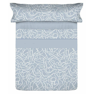 Hellblaues Bettwäsche-Set mit weißem Linienmuster für Einzelmatratze.