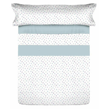 Einzelmatratze Bettwäsche-Set mit blau-lila Regentropfen Muster und hellblauen Akzenten.