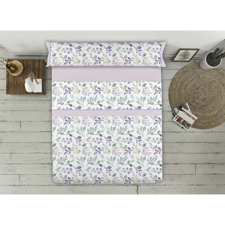 Bettwäsche-Set mit Blätterdruck in Grün und Lila für Einzelmatratze.