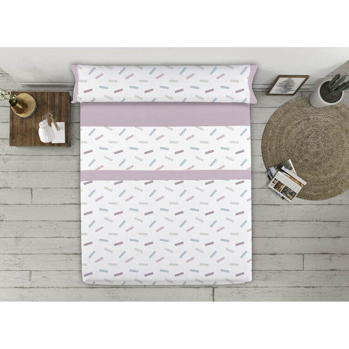 Tejidos Reina King Size Bettwäsche-Set mit bunten Rechtecken und lila Akzenten.
