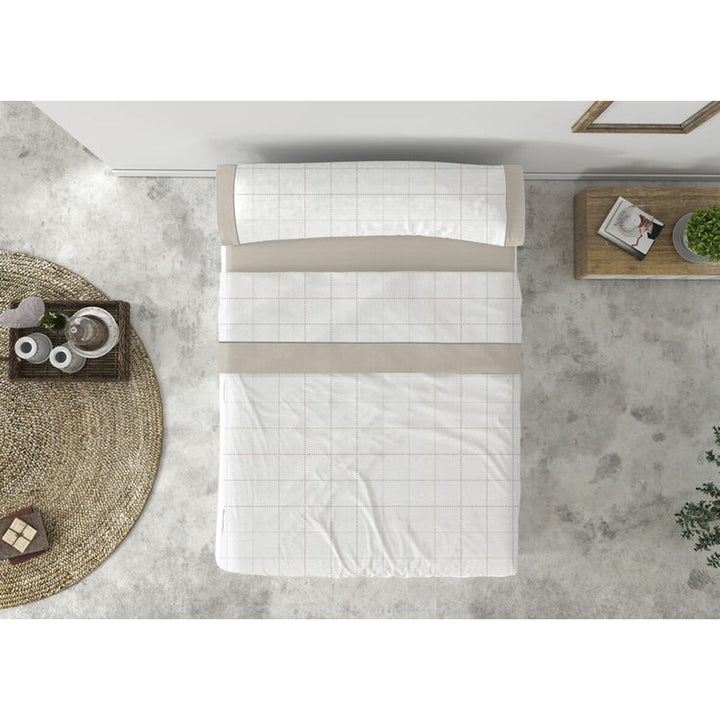 Bettwäsche-Set King Size mit Gittermuster. Elegantes, minimalistisches Design in Weiß und Beige.