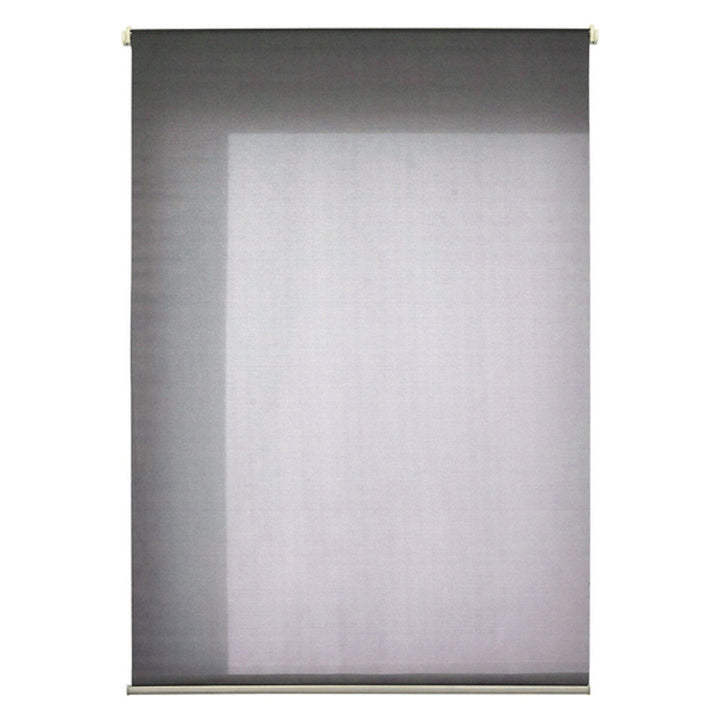 Graues Rollo mit halbtransparentem Stoff für Fenster.