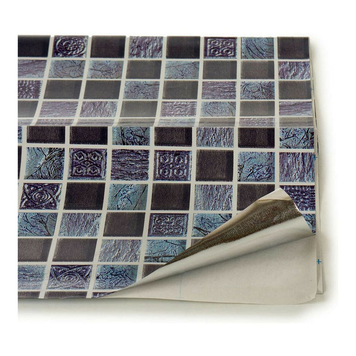 Haftpapier Cenefa mit Mosaikfliesenmuster in Blau-, Grau- und Schwarztönen.