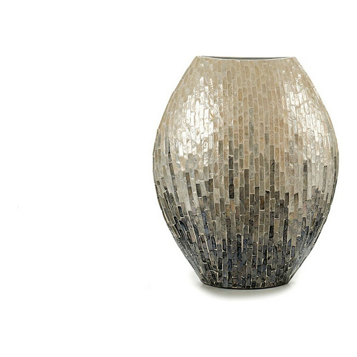 Graue Holz Vase mit Perlmutt Mosaikmuster, stilvolle Dekoration.