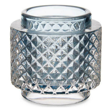 Blaue Kerzenschale aus Glas mit geometrischem Muster für stimmungsvolles Licht.