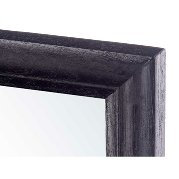 Detailansicht: Rechteckiger Wandspiegel mit schwarzem Holzrahmen.
