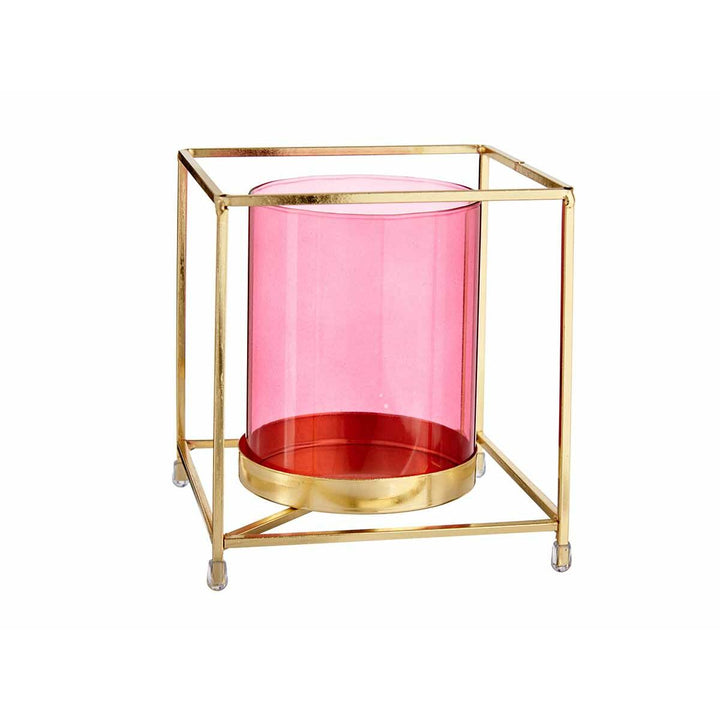 Rosa-goldene Kerzenschale mit kariertem Muster, Metall- und Glasdetails.