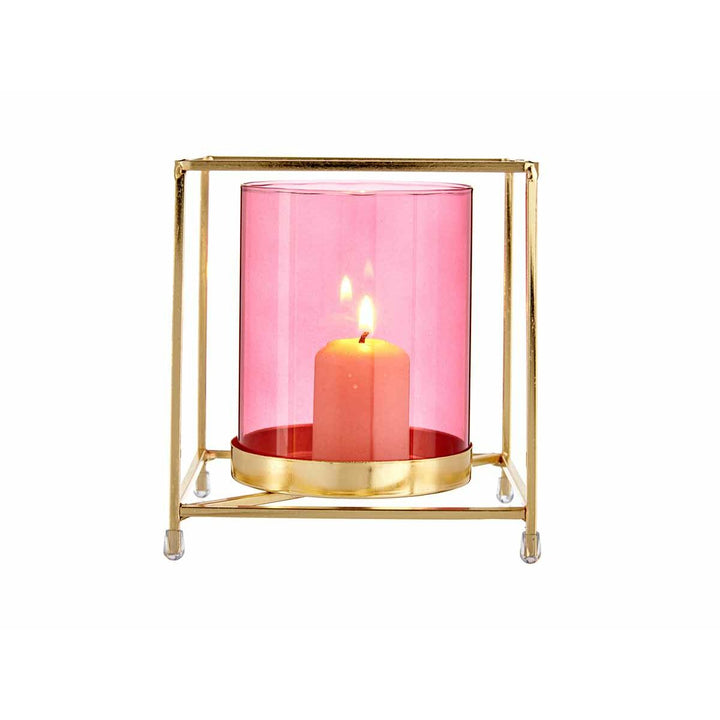 Rosa Kerzenschale mit Gold Rahmen. Metall und Glas für stimmungsvolles Licht.