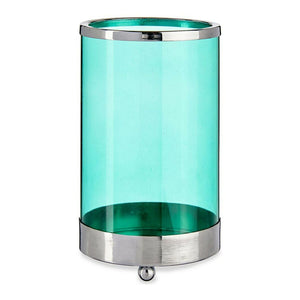 Silberfarbene Kerzenschale mit blauem Zylinder aus Glas und Metallelementen.