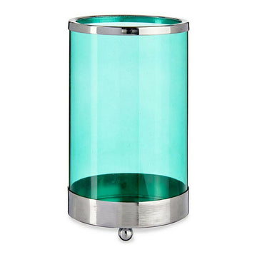 Silberfarbene Kerzenschale mit blauem Zylinder aus Glas und Metallelementen.