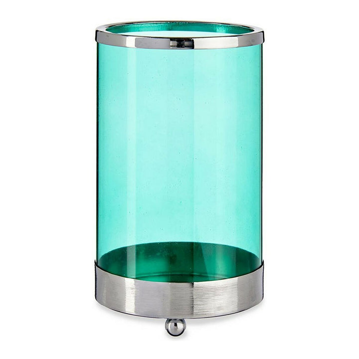 Silberfarbene Kerzenschale mit blauem Zylinder aus Glas und Metallelementen.
