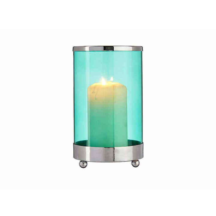 Blaue Kerzenschale aus Glas und Metall mit silberfarbenen Akzenten und Zylinder Form.