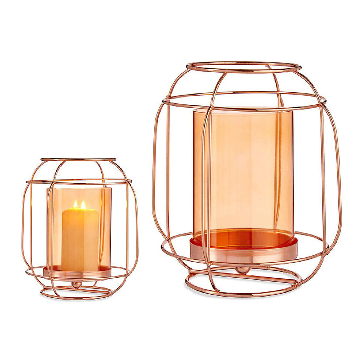 Kupfer Kerzenschale mit bernsteinfarbenem Glas und Metall Laterne Design.