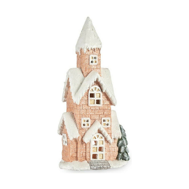 Rosa Deko-Figur Haus mit LED und Schnee für Weihnachten. Winterliche Magnesium Deko.