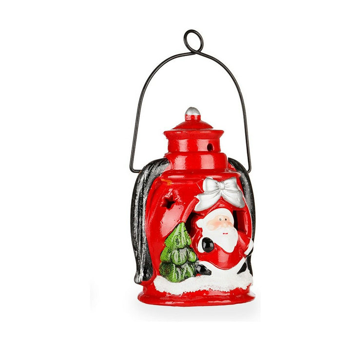 Rote Keramik Deko-Figur Weihnachtsmann mit Weihnachtsbaum in Laterne.