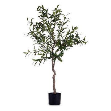 Dekorativer Olivenbaum aus Kunststoff mit Eisenkabel im schwarzen Topf. Kunstpflanze für Innenräume.