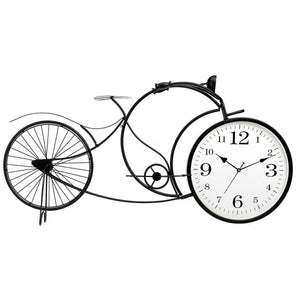 Schwarze Fahrrad Uhr aus Metall. Dekoratives Fahrrad Design mit integrierter Uhr.