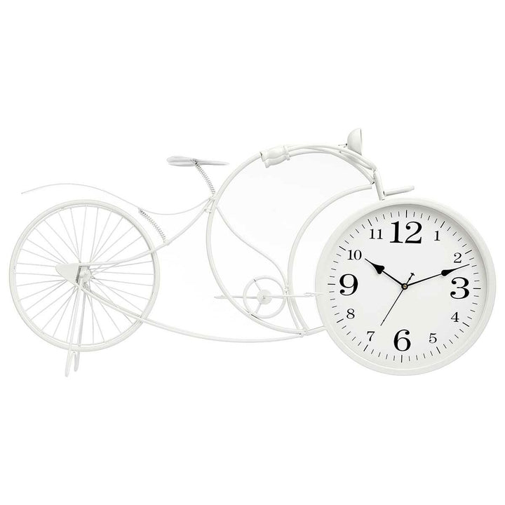Weiße Metall Fahrrad Wanduhr. Buntes Deko Fahrrad mit Uhr.
