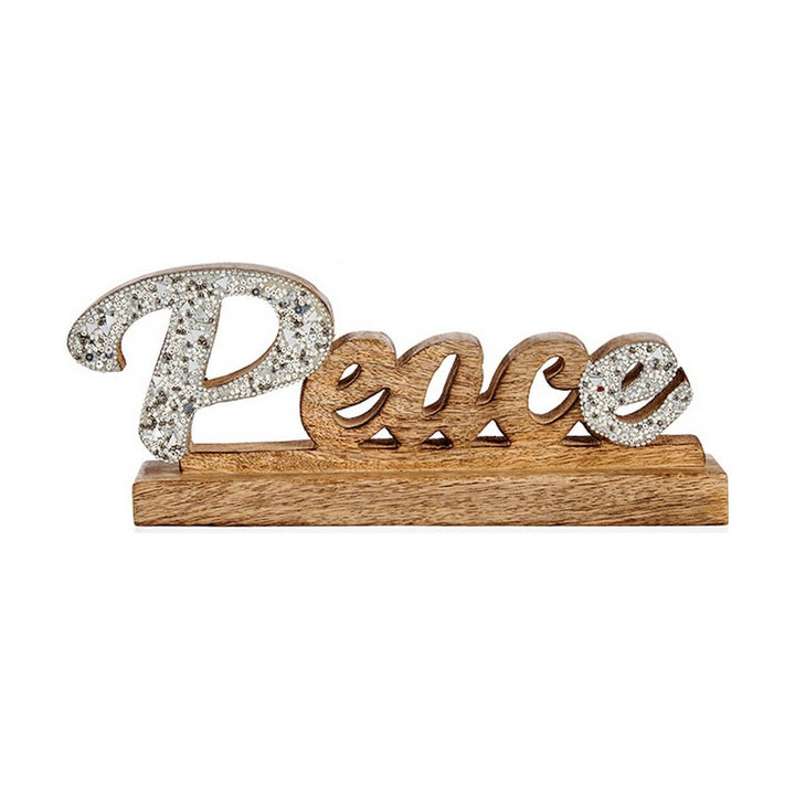 Glitzernde, silberfarbene Deko-Figur "Peace" aus Holz. Dekorative Friedensfigur.