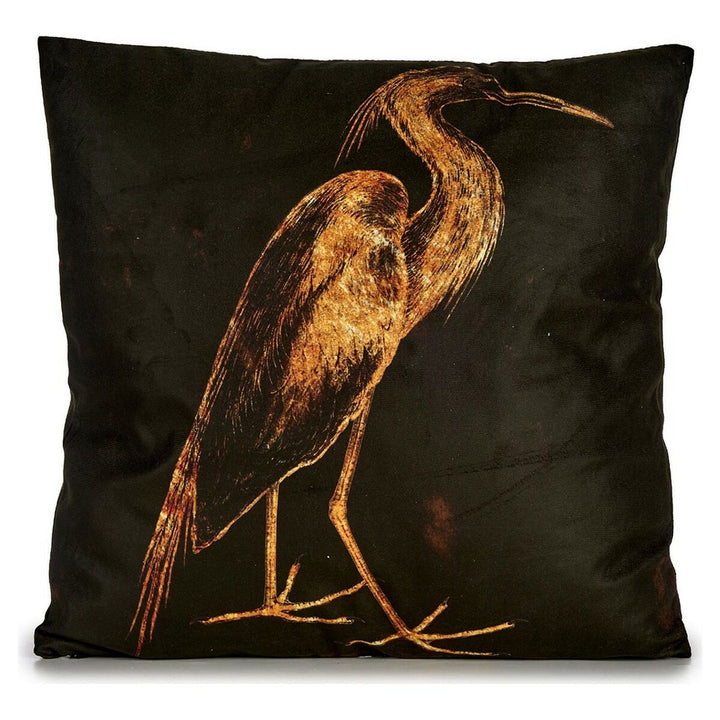 Schwarzes Kissen mit goldener Reiher-Illustration. Dekokissen für Wohnzimmer.