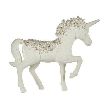 Weiße Deko-Figur Einhorn mit Glitzer, 9,5 x 31 x 40 cm, aus Kunststoff.