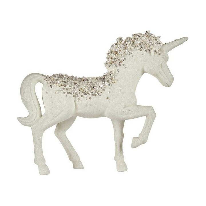 Weiße Deko-Figur Einhorn mit Glitzer, 9,5 x 31 x 40 cm, aus Kunststoff.