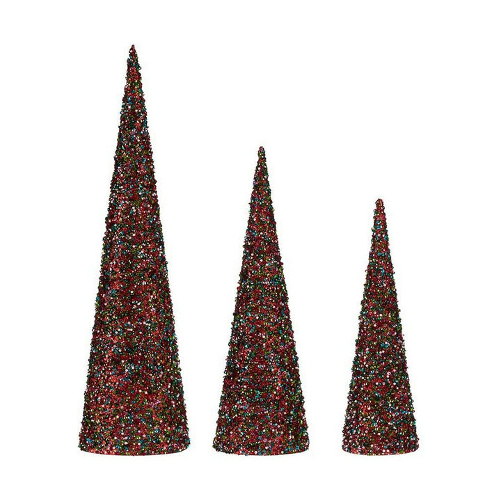 Drei glitzernde Weihnachts Deko Kegel mit Pailletten in Blau und Pink für festliche Weihnachten.