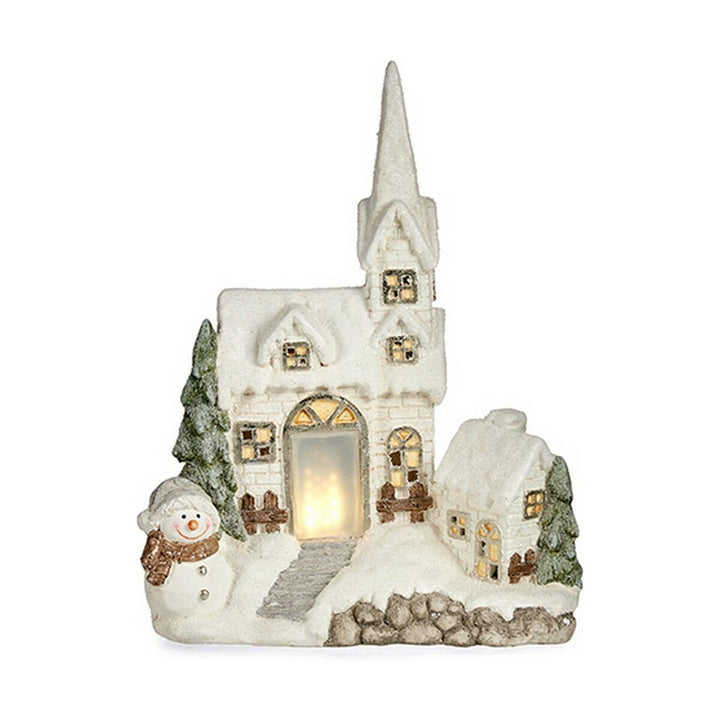 Weiße Deko-Figur Haus mit LED Licht, Weihnachtsdeko mit Schneemann aus Polyesterharz.