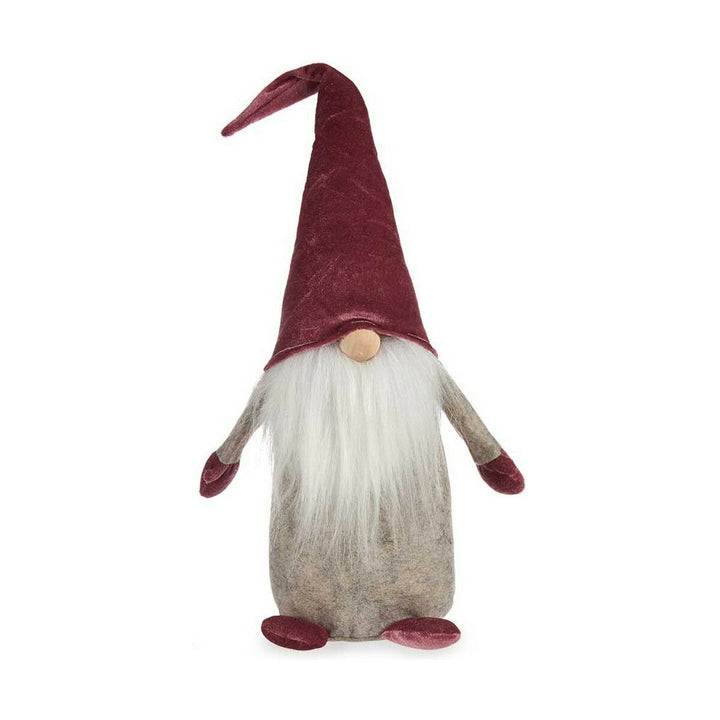 Deko-Figur Zwerg in Grau, Granatrot und Weiß mit langem Bart und großem, spitzem Hut.