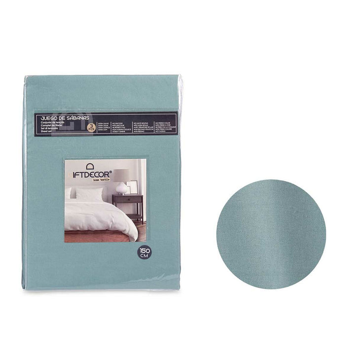 Verpacktes grünes Bettwäsche-Set, 3-teilig für Doppelmatratze mit Stoffmuster.