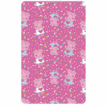 Rosa Decke mit Peppa Pig Muster. Gemütliche Kinderdecke mit Peppa Pig und Herzen.