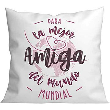 Weißes Kissen 'Para la mejor Amiga del Mundo' mit rosa Schriftzug, 40x40 cm.