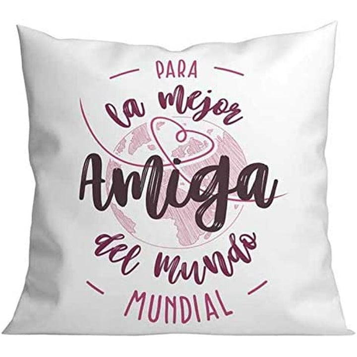 Weißes Kissen 'Para la mejor Amiga del Mundo' mit rosa Schriftzug, 40x40 cm.