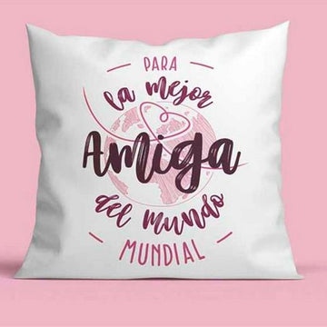 Weißes Kissen mit rosa Aufschrift 'Para la mejor amiga del mundo'. Tolles Geschenk für beste Freundin.