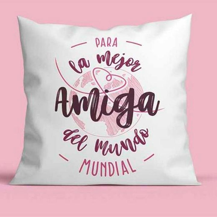 Weißes Kissen mit rosa Aufschrift 'Para la mejor amiga del mundo'. Tolles Geschenk für beste Freundin.