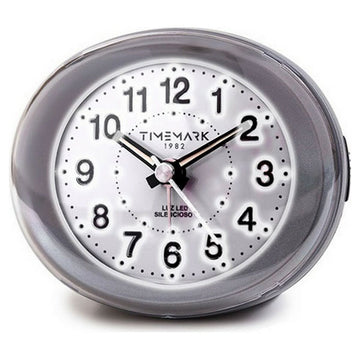 Grauer Timemark Analog Wecker mit LED und gut lesbarem Zifferblatt.