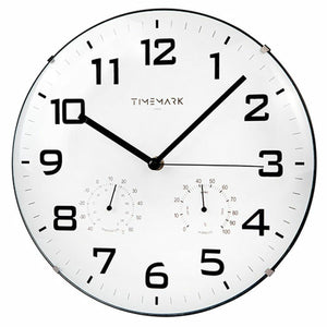 Weiße Timemark Wanduhr mit Temperatur- und Feuchtigkeitsanzeige. Klare, schwarze Ziffern.