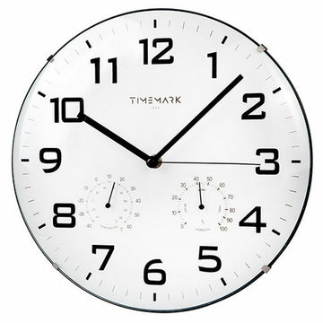 Weiße Timemark Wanduhr mit Temperatur- und Feuchtigkeitsanzeige. Klare, schwarze Ziffern.