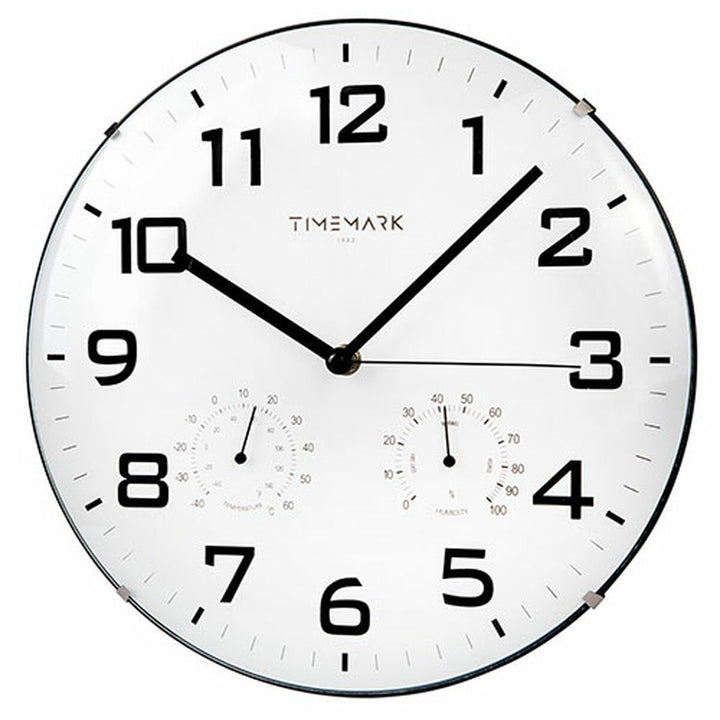 Weiße Timemark Wanduhr mit Temperatur- und Feuchtigkeitsanzeige. Klare, schwarze Ziffern.