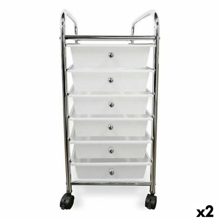 Confortime Schubladenschrank aus Metall mit 6 weißen Schubladen und Rollen.