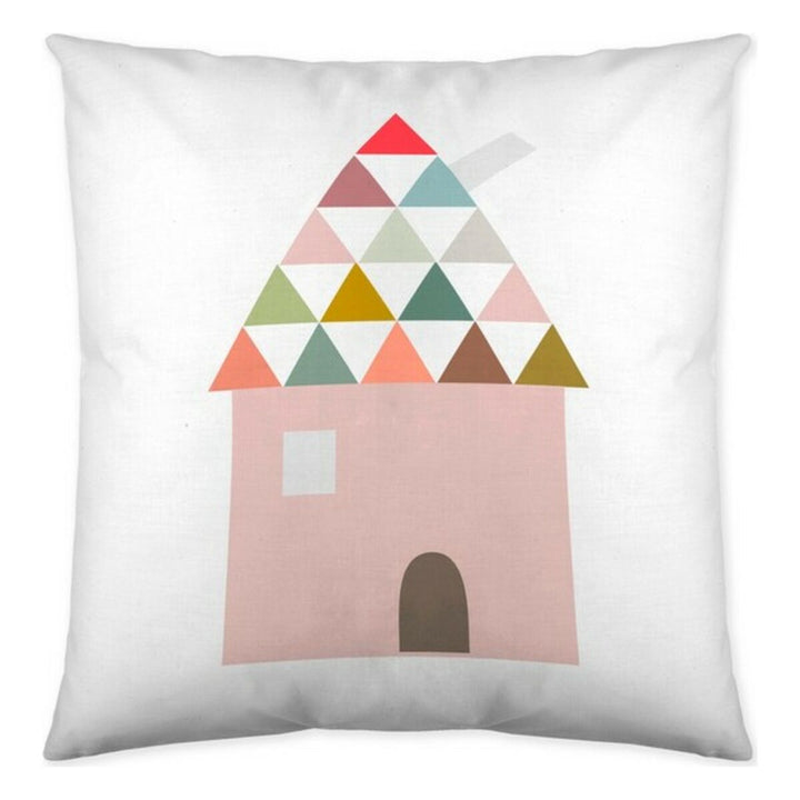 Kissenbezug mit rosa Haus und bunten Dreiecken. Kinderzimmer Deko Kissen.